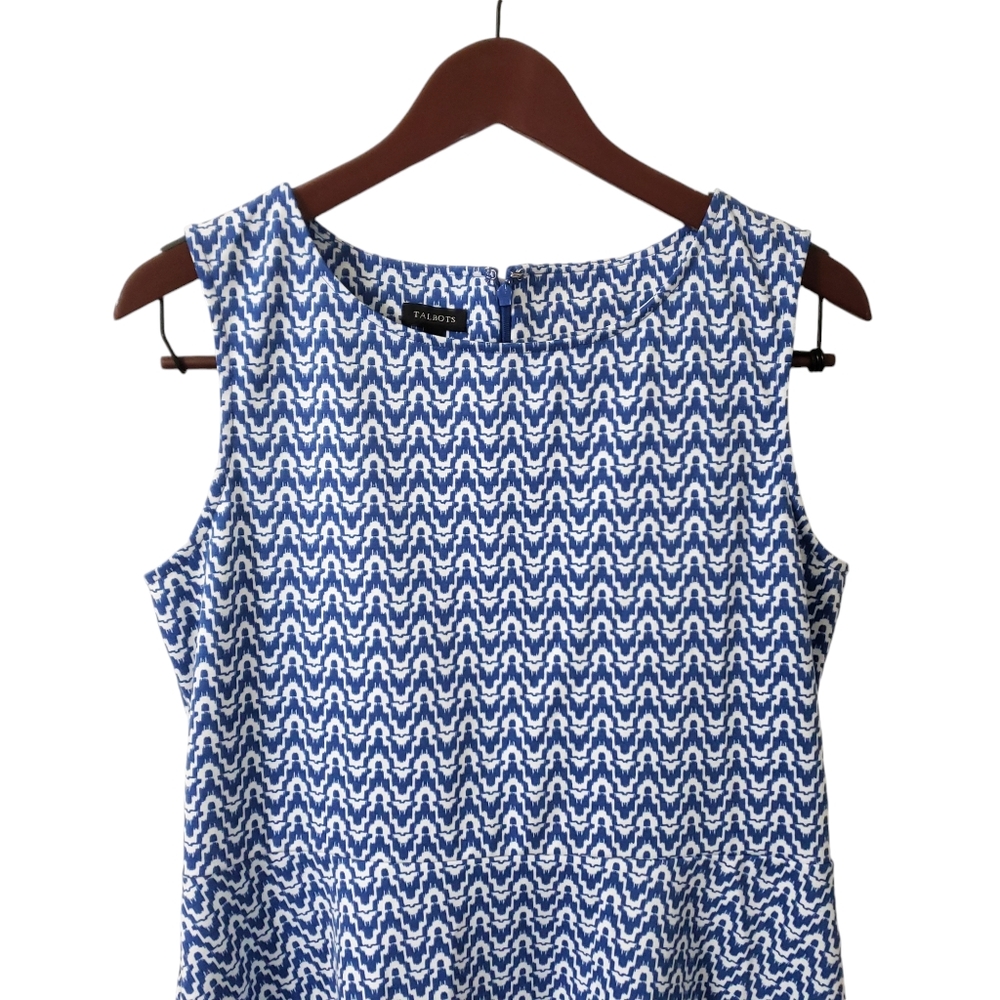 Talbots Sleeveless Blue Geometric Print Midi Dress Lg Fit N Flare Summer Career - Picture 2 of 12